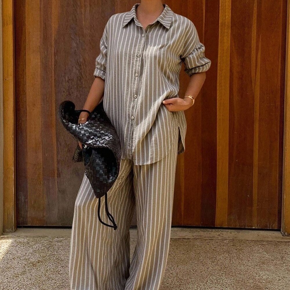 Brown Casual Women's Striped Shirt And Pants Set Lounge Sets